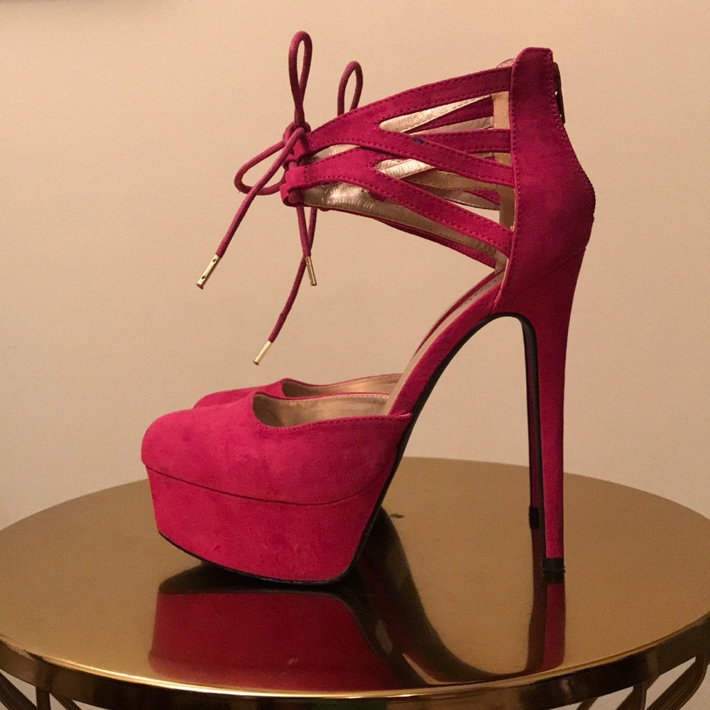 Pink Suede Platform Heels